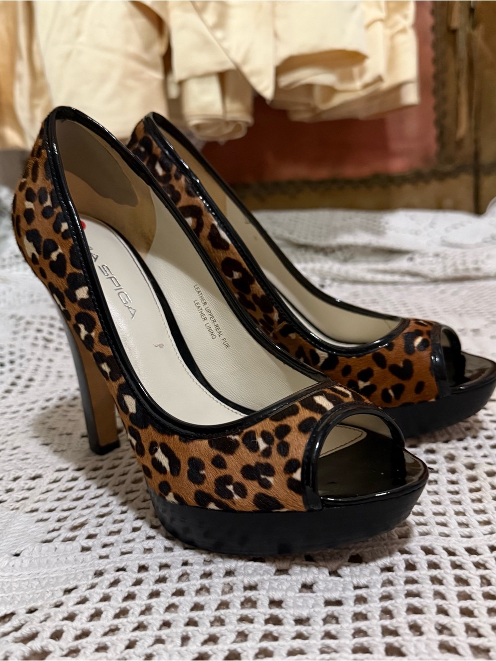 Via Spiga Leopard Print Patent Trim Peep-Toe Heels